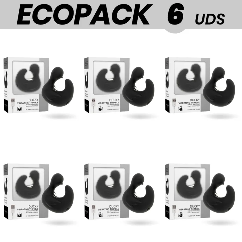 Ecopack 6 Units - Black&Amp;Silver Duckymania Rechargeable Silicone Stimulating Duck Thimble